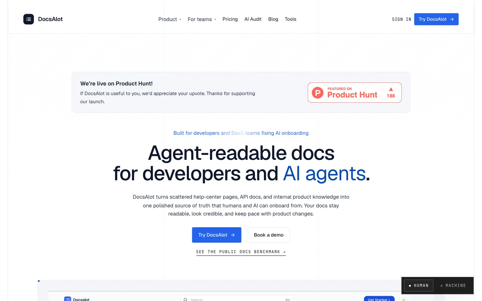 Before: the live DocsAlot homepage, a Product Hunt block above the headline Agent-readable docs for developers and AI agents.