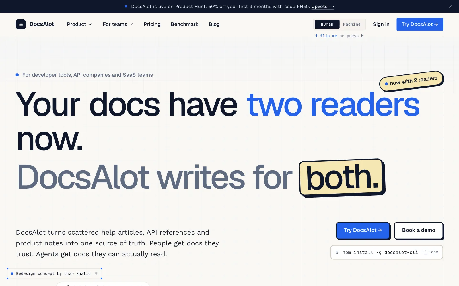 The redesigned DocsAlot homepage hero: Your docs have two readers now. DocsAlot writes for both., with a Human and Machine switch in the header.