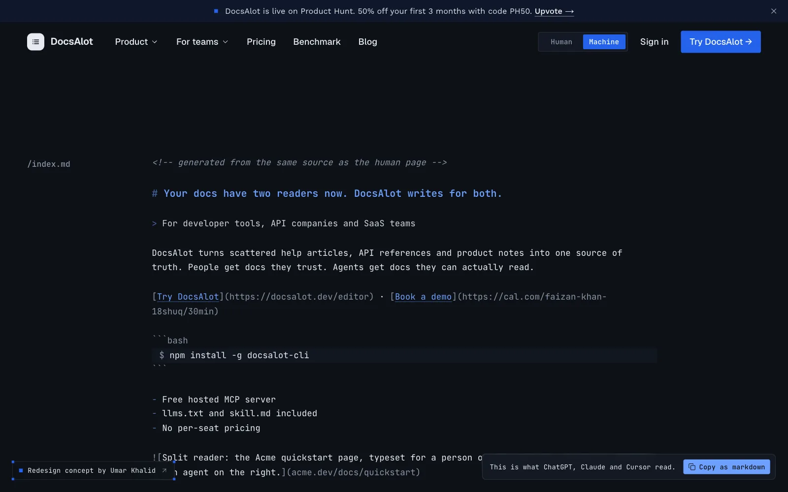 Machine view: the DocsAlot homepage rendered as the markdown an AI agent reads.