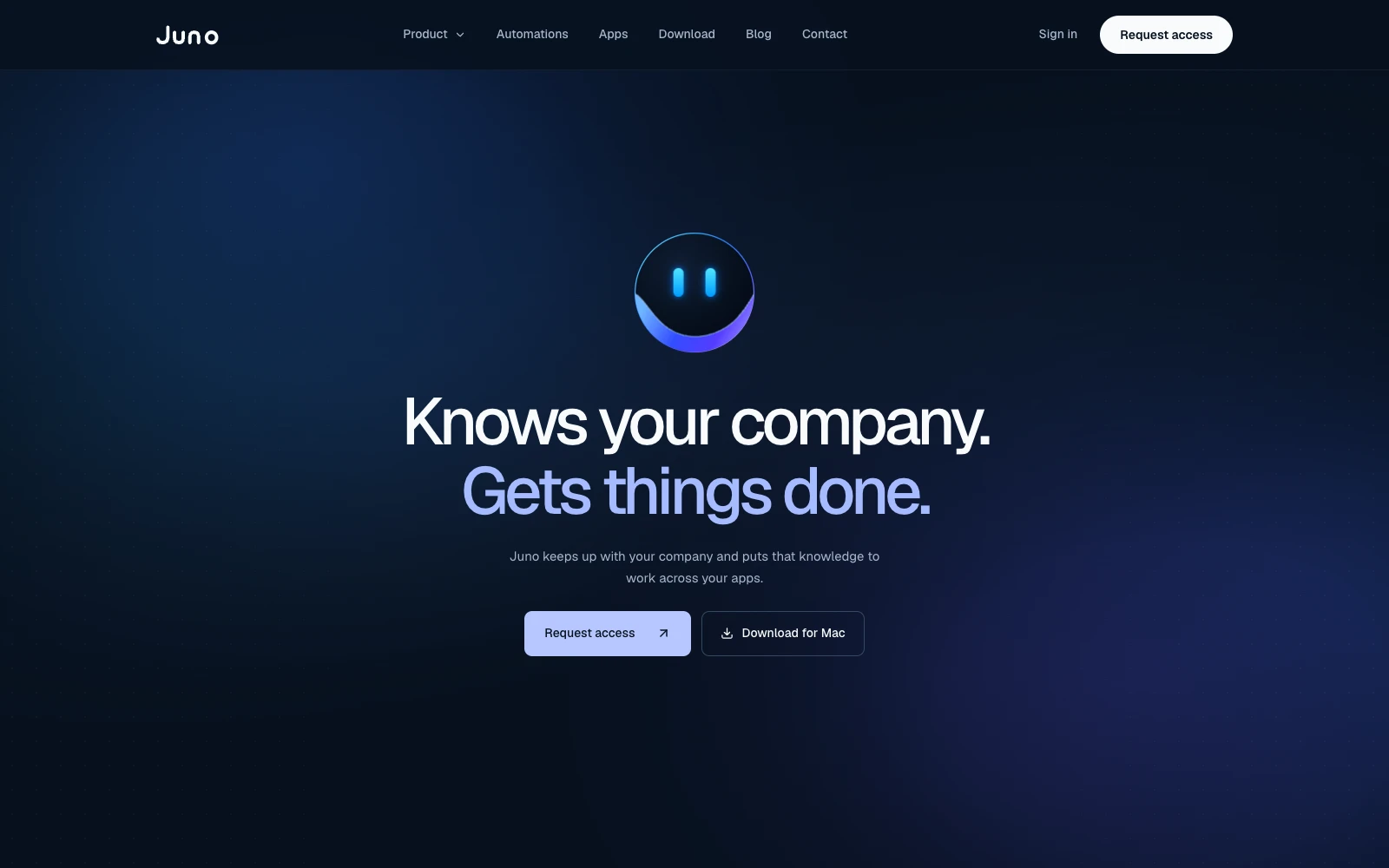 Before: the old Juno homepage, the mascot above Knows your company. Gets things done. on a plain dark gradient.