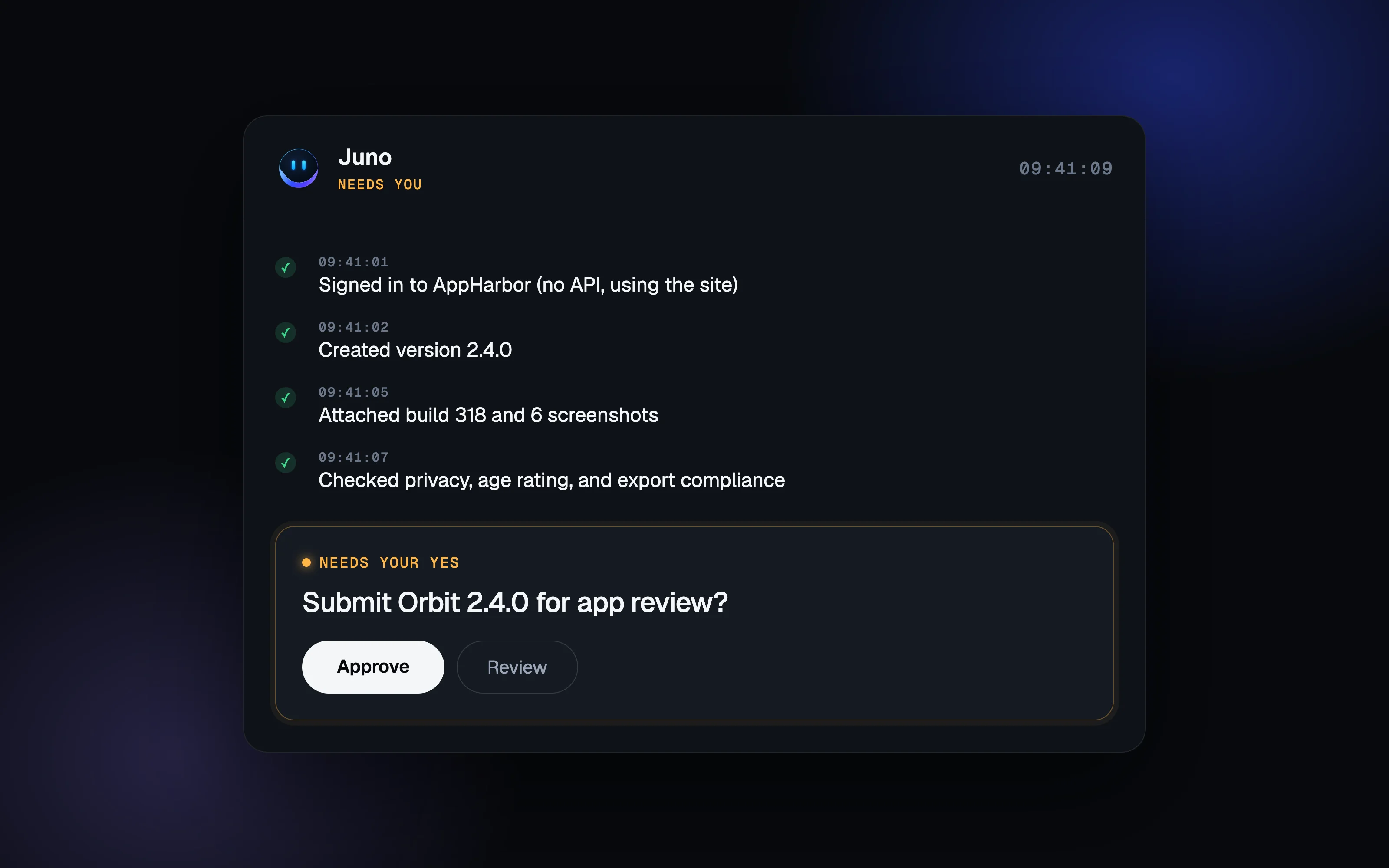 Juno's run log for an app store submission, ending in a Needs your yes card with Approve and Review buttons.