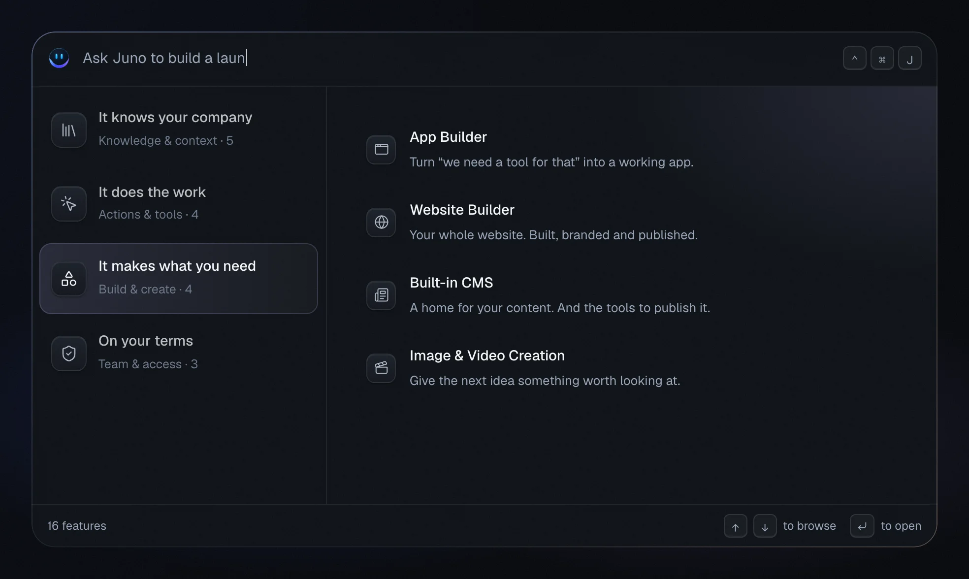 Juno's live command palette, typing Ask Juno to build a launch page, with 16 features grouped by what they do.