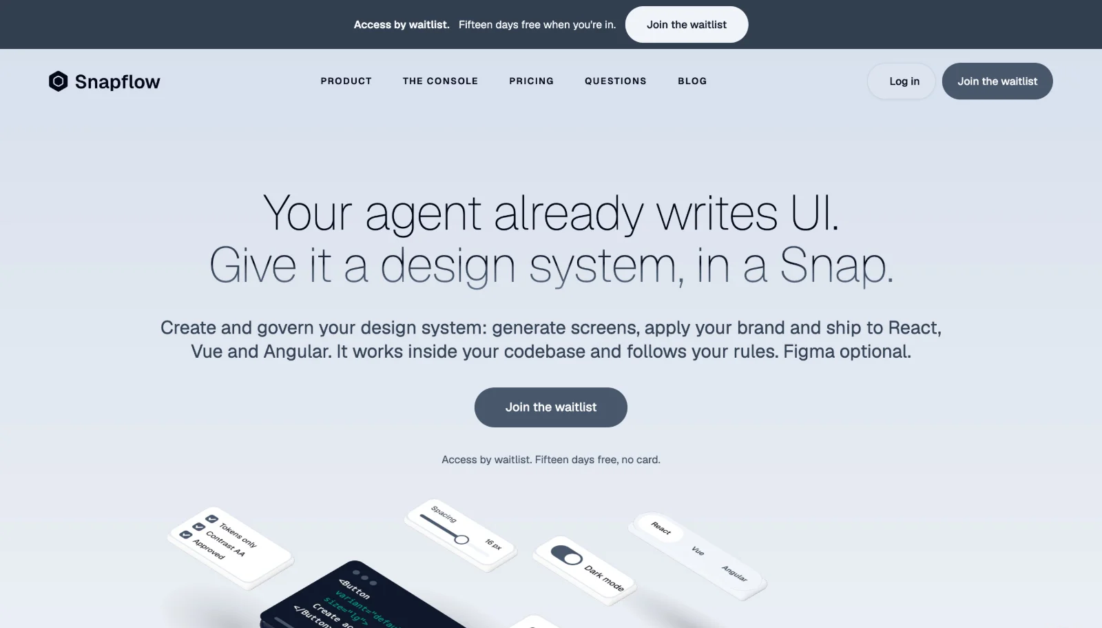 Before: the live Snapflow homepage on a pale grey canvas with static isometric cards.